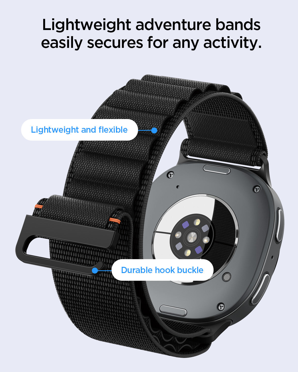 AMP11607 - Galaxy Watch 9 Series WBF1 showing Galaxy Watch 9 band close-up with callouts for lightweight flexible material and durable hook buckle