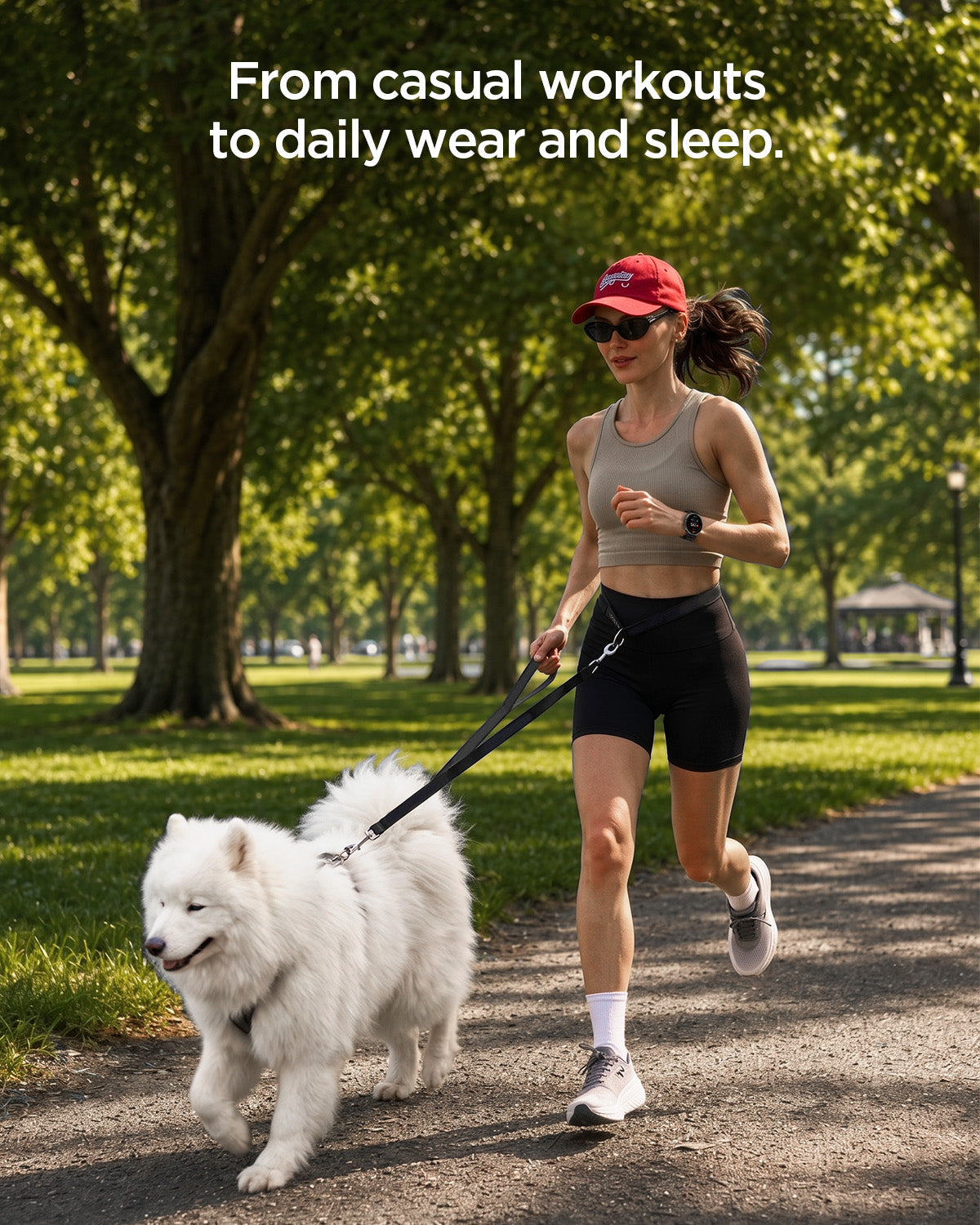 AMP11607 - Galaxy Watch 9 Series WBF1 showing a woman jogging with a dog while wearing the Galaxy Watch 9 watch with adventure band