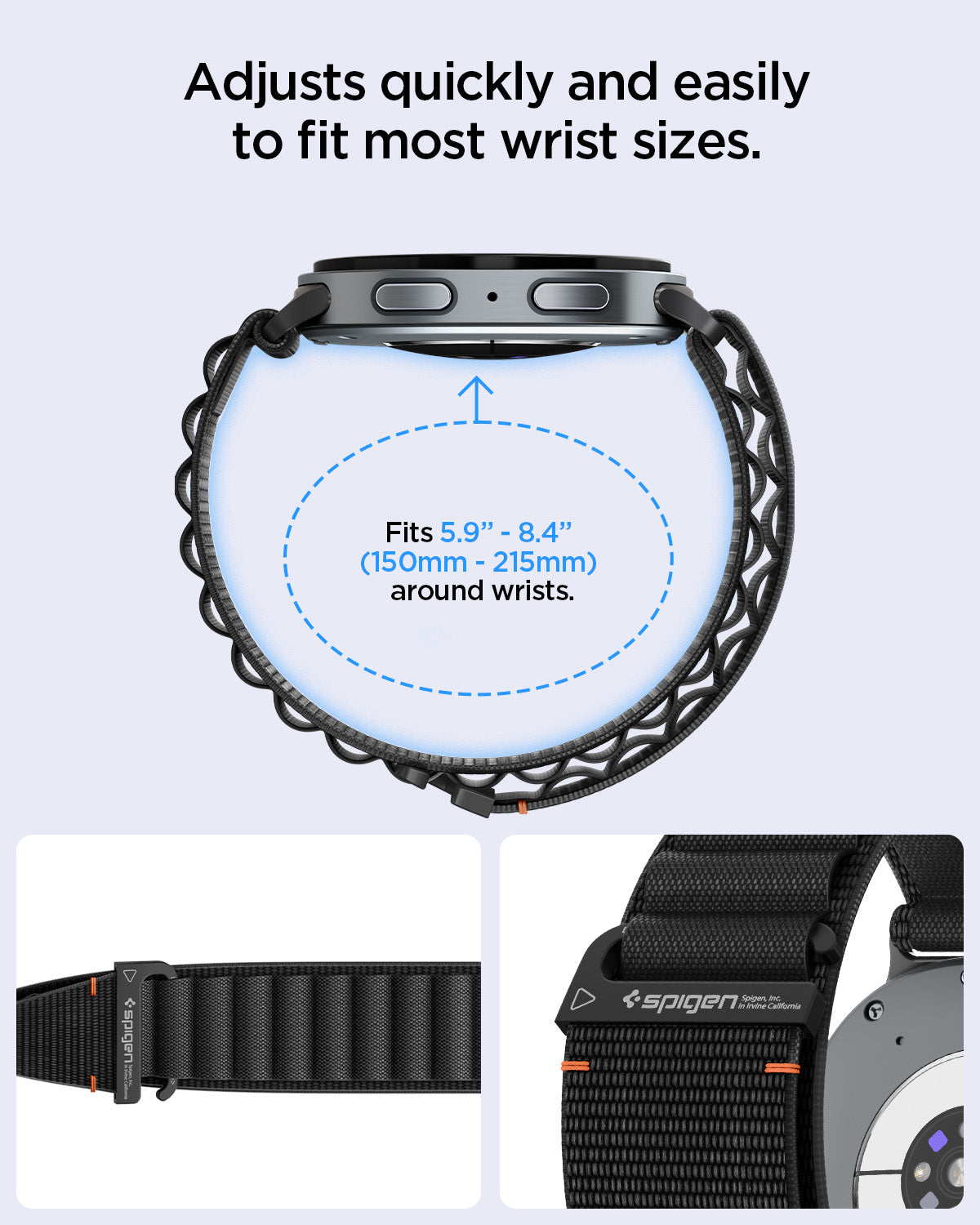 AMP11607 - Galaxy Watch 9 Series WBF1 showing Galaxy Watch 9 band loop fit range for wrists with close-up views of the strap and buckle