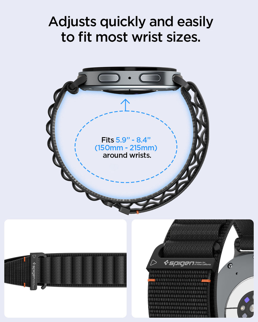 AMP11607 - Galaxy Watch 9 Series WBF1 showing Galaxy Watch 9 band loop fit range for wrists with close-up views of the strap and buckle