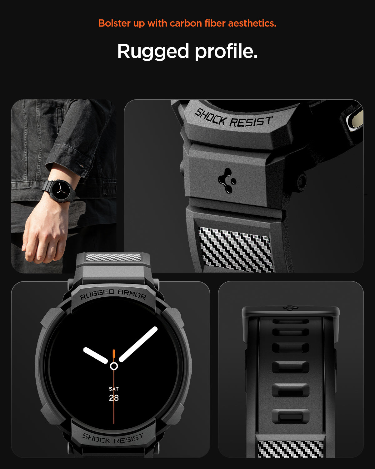 ACS10005 - Galaxy Watch 8 Rugged Armor Pro showing bolster up with carbon fiber aesthetics. rugged profile.