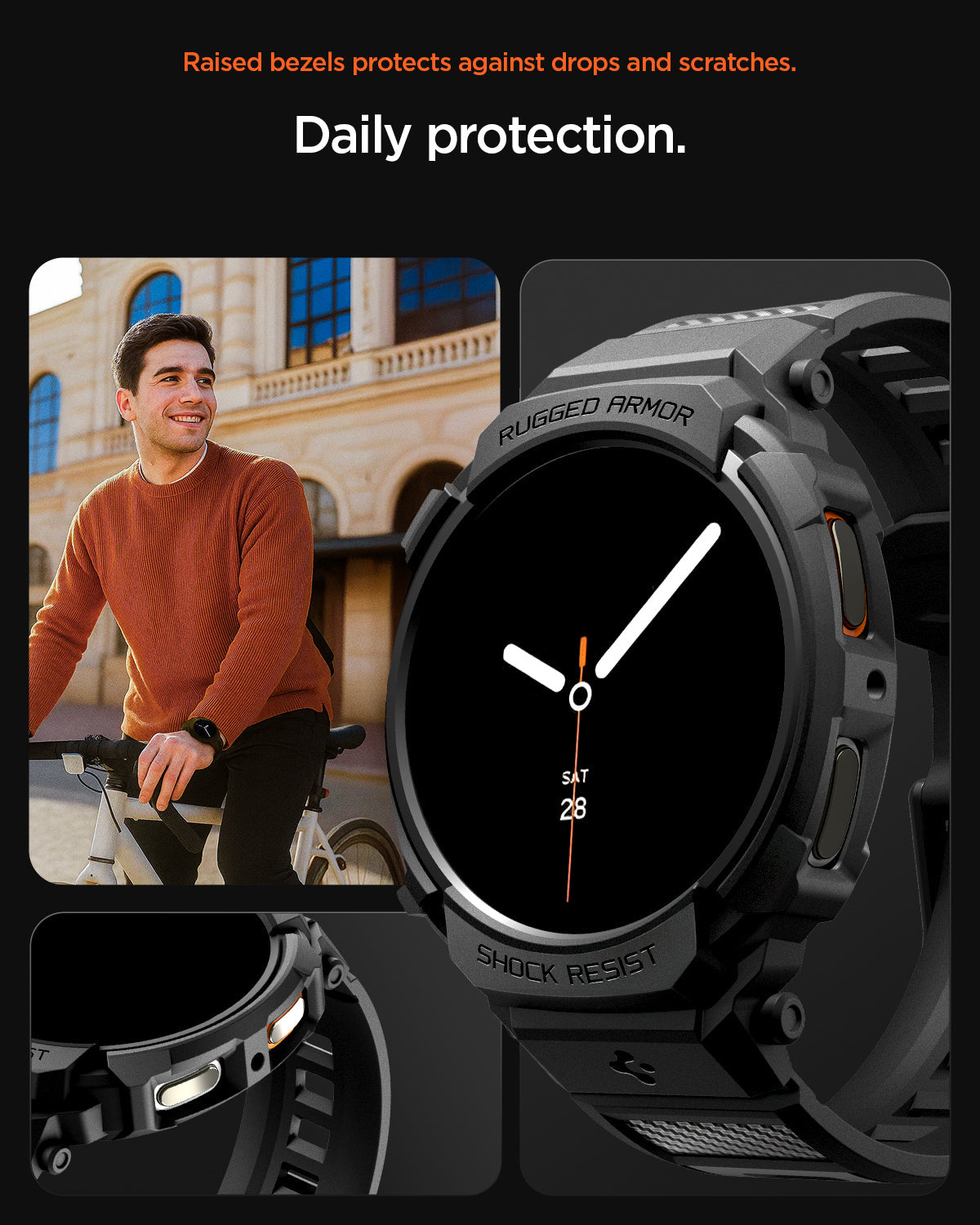 ACS10005 - Galaxy Watch 8 Rugged Armor Pro showing raised bezels to defend against drops and scratches. Daily protection.