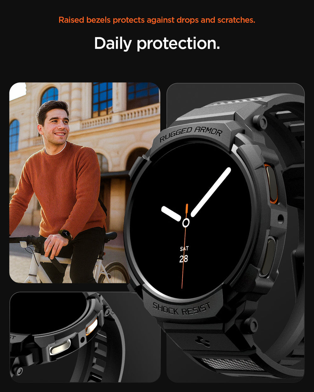 ACS10007 - Galaxy Watch 9 (44mm) Rugged Armor Pro showing raised bezels to defend against drops and scratches. Daily protection.