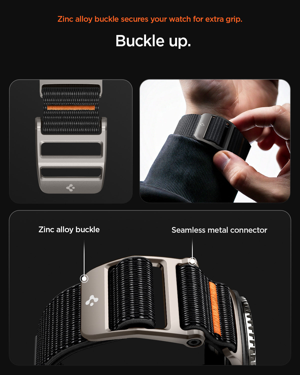 AMP10116 - Galaxy Watch 9 Series DuraPro Flex band in black showing the zinc alloy buckle that secures your watch for extra grip