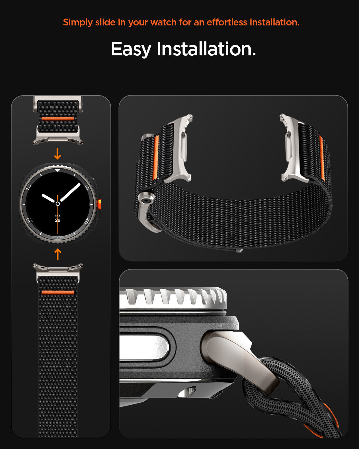 AMP10116 - Galaxy Watch 9 Series DuraPro Flex band in black showing the easy installation instructions