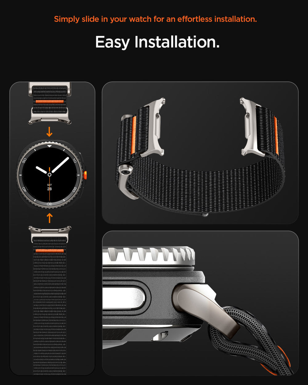AMP10116 - Galaxy Watch 9 Series DuraPro Flex band in black showing the easy installation instructions