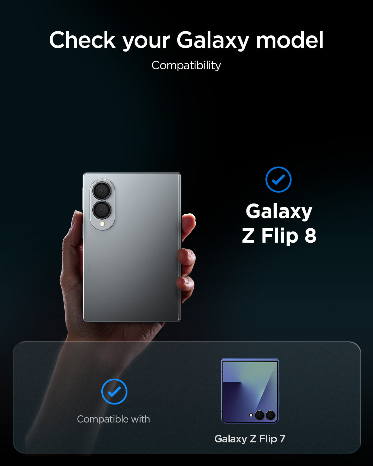 AGL09584 - Galaxy Z Flip 8 Series - Optik Pro EZ Fit showing a compatibility chart confirming the lens protector fits the Galaxy Z Flip 8 and Galaxy Z Flip 7
