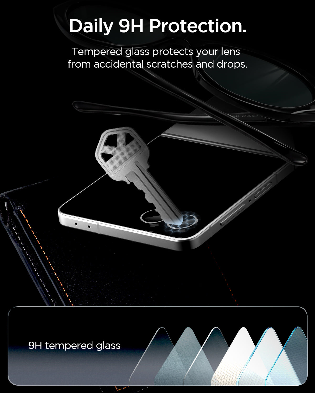 AGL09584 - Galaxy Z Flip 8 Series - Optik Pro EZ Fit showing a key being dragged across the tempered glass to demonstrate scratch resistance