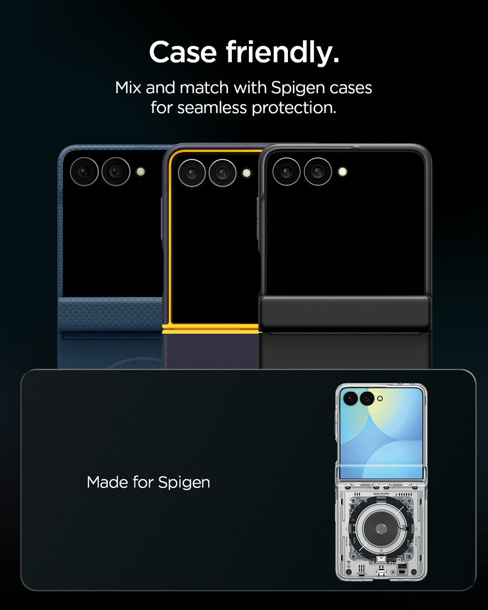 AGL09584 - Galaxy Z Flip 8 Series - Optik Pro EZ Fit showing three Spigen cases paired with the lens protector for seamless case compatibility