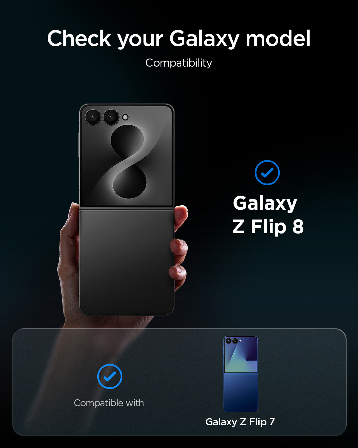 AGL09582 - Galaxy Z Flip 8 Series - GLAS.tR EZ Fit showing a compatibility chart confirming the glass fits the Galaxy Z Flip 8 and Galaxy Z Flip 7