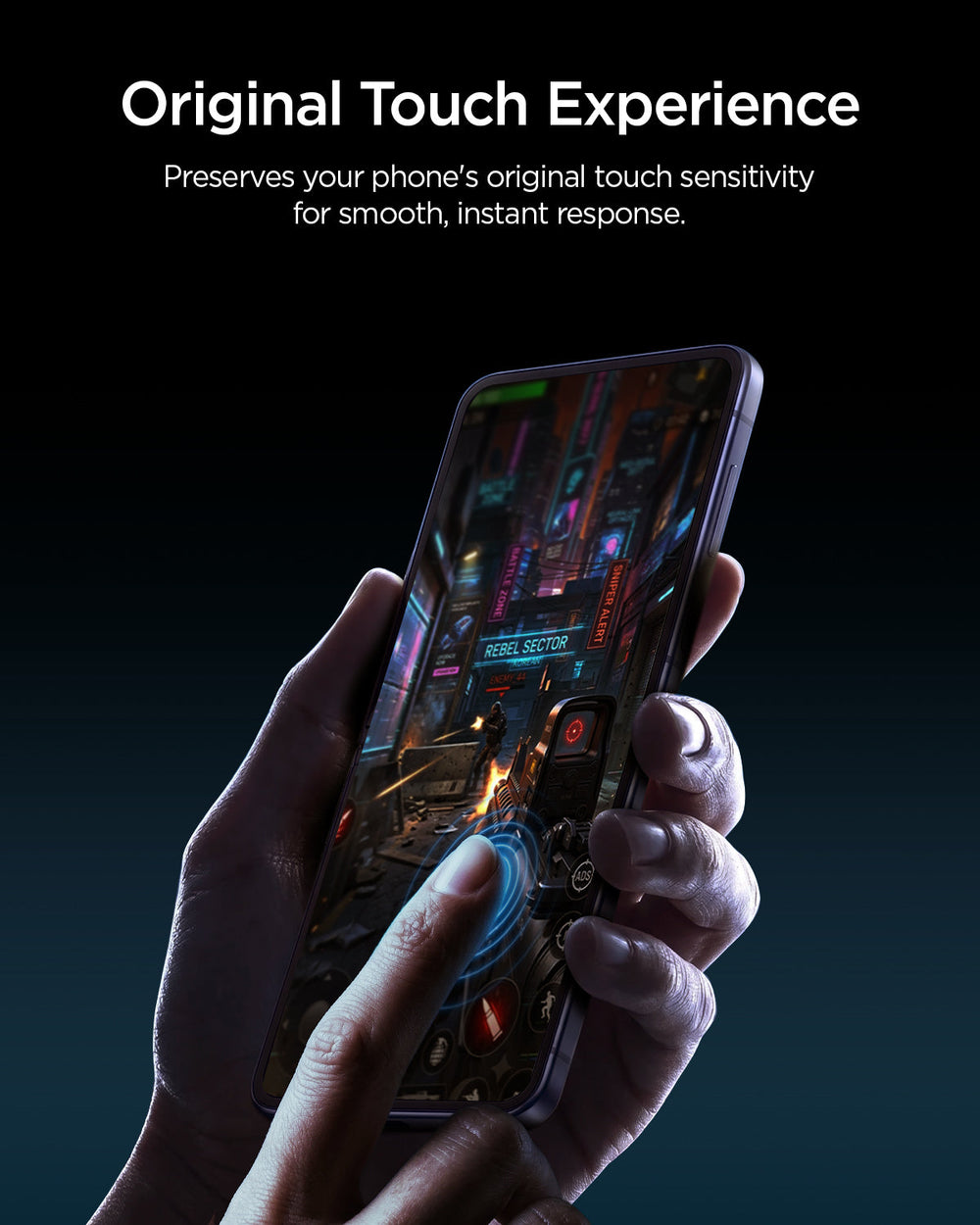 AGL09582 - Galaxy Z Flip 8 Series - GLAS.tR EZ Fit showing a hand using a phone to demonstrate the glass's original touch sensitivity