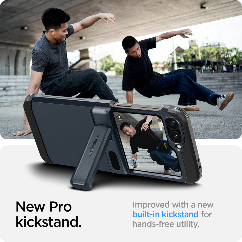 ACS08292 - Galaxy Z Flip 7 FE Case Tough Armor Pro in Metal Slate showing the new pro kickstand. Improved with a new built-in kickstand for hands-free utility