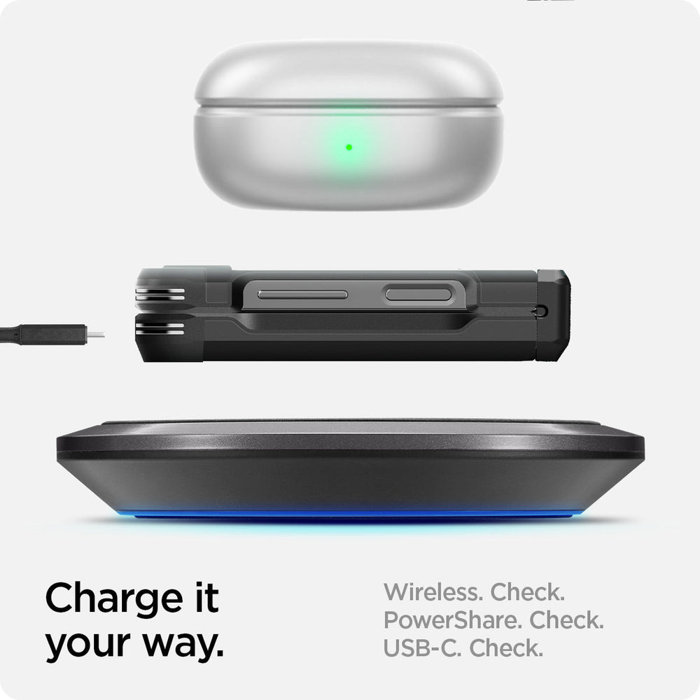 ACS07849 - Galaxy Z Flip 7 FE Case Tough Armor Pro in Black showing how to charge it your way. Wireless, PowerShare and USB-C all check