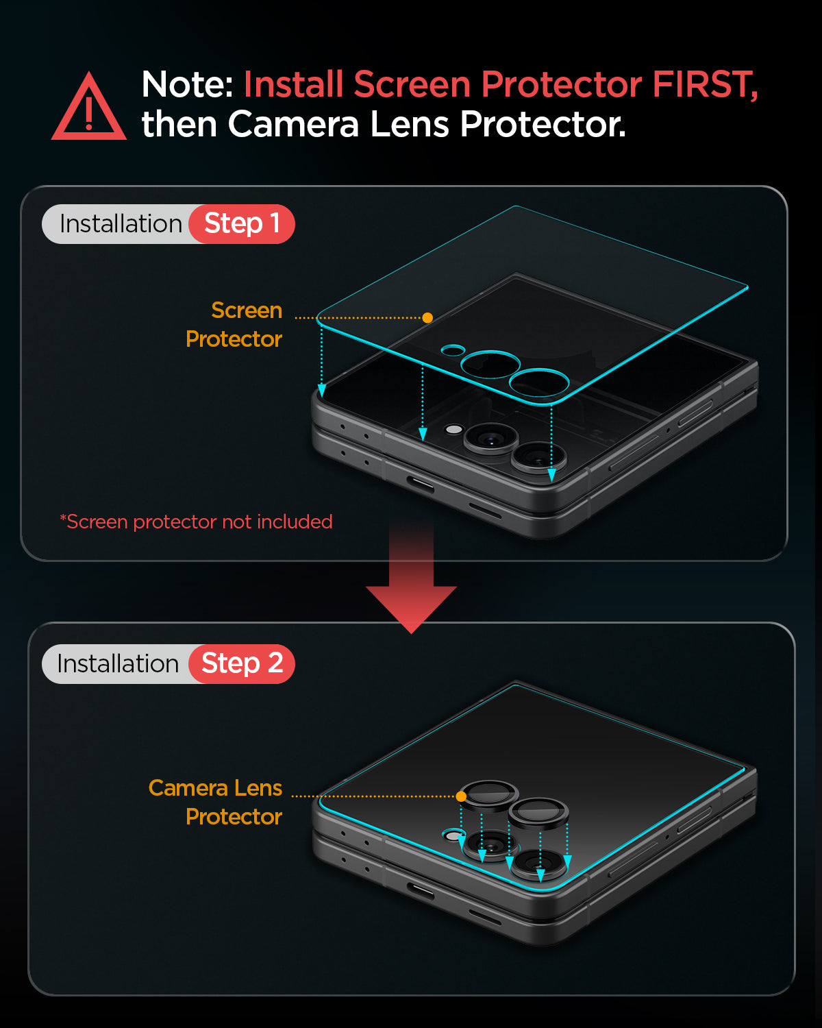 AGL09584 - Galaxy Z Flip 8 Series - Optik Pro EZ Fit showing step-by-step instructions for applying the screen protector before the lens protector