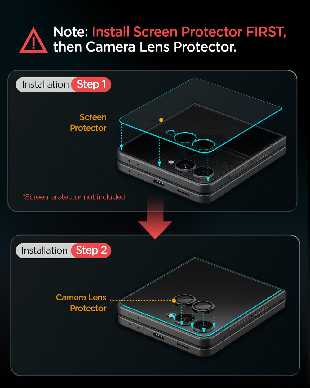 AGL09584 - Galaxy Z Flip 8 Series - Optik Pro EZ Fit showing step-by-step instructions for applying the screen protector before the lens protector