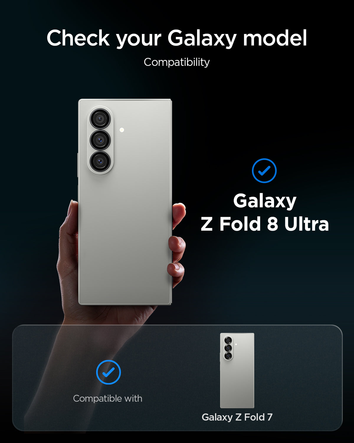 AGL09578 - Galaxy Z Fold 8 Ultra Optik Pro EZ Fit showing a compatibility chart confirming the lens protector fits the Galaxy Z Fold 8 Ultra and Galaxy Z Fold 7