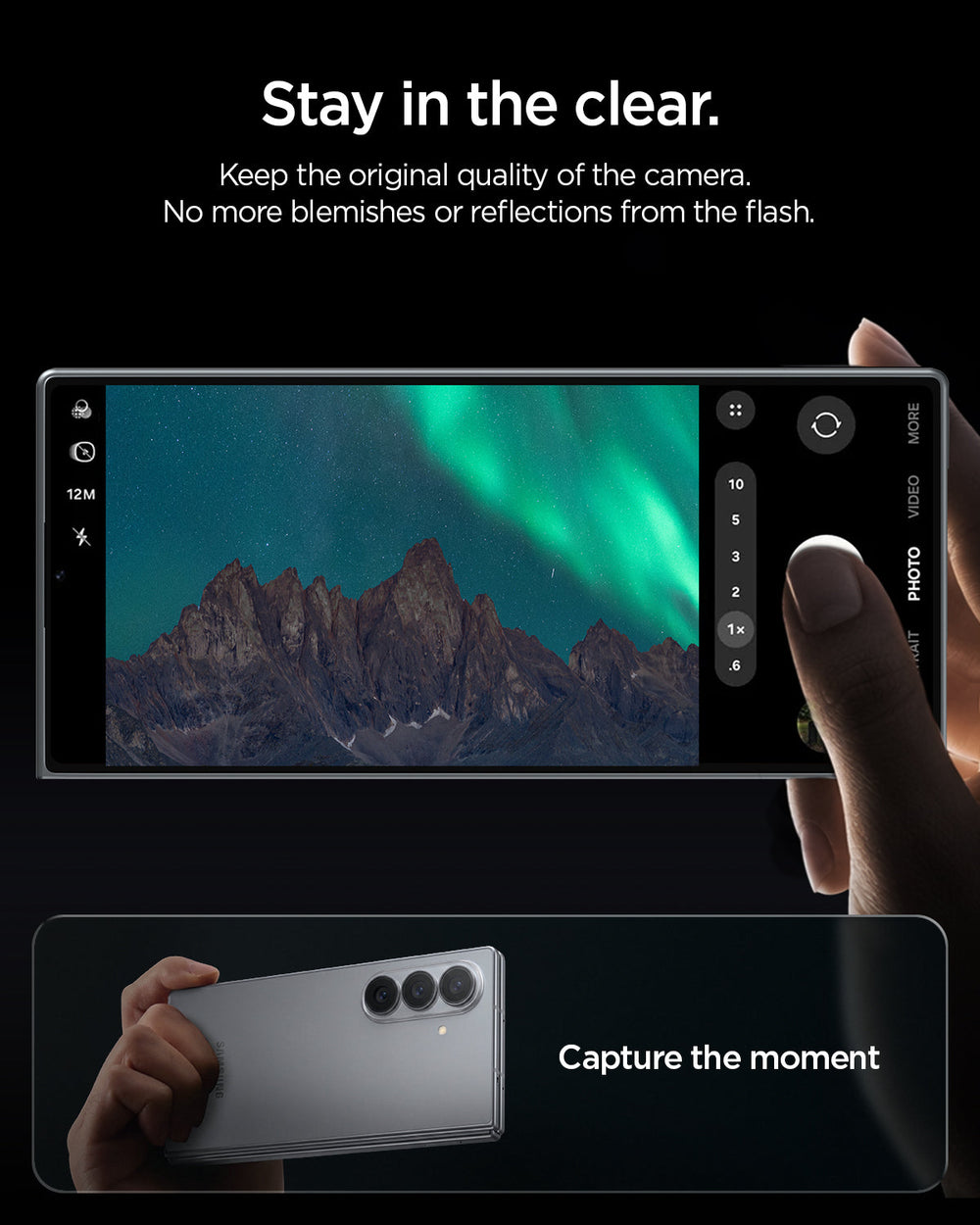 AGL09578 - Galaxy Z Fold 8 Ultra Optik Pro EZ Fit showing a photo taken with the Galaxy Z Fold 8 Ultra's camera showing a clear aurora and mountain landscape