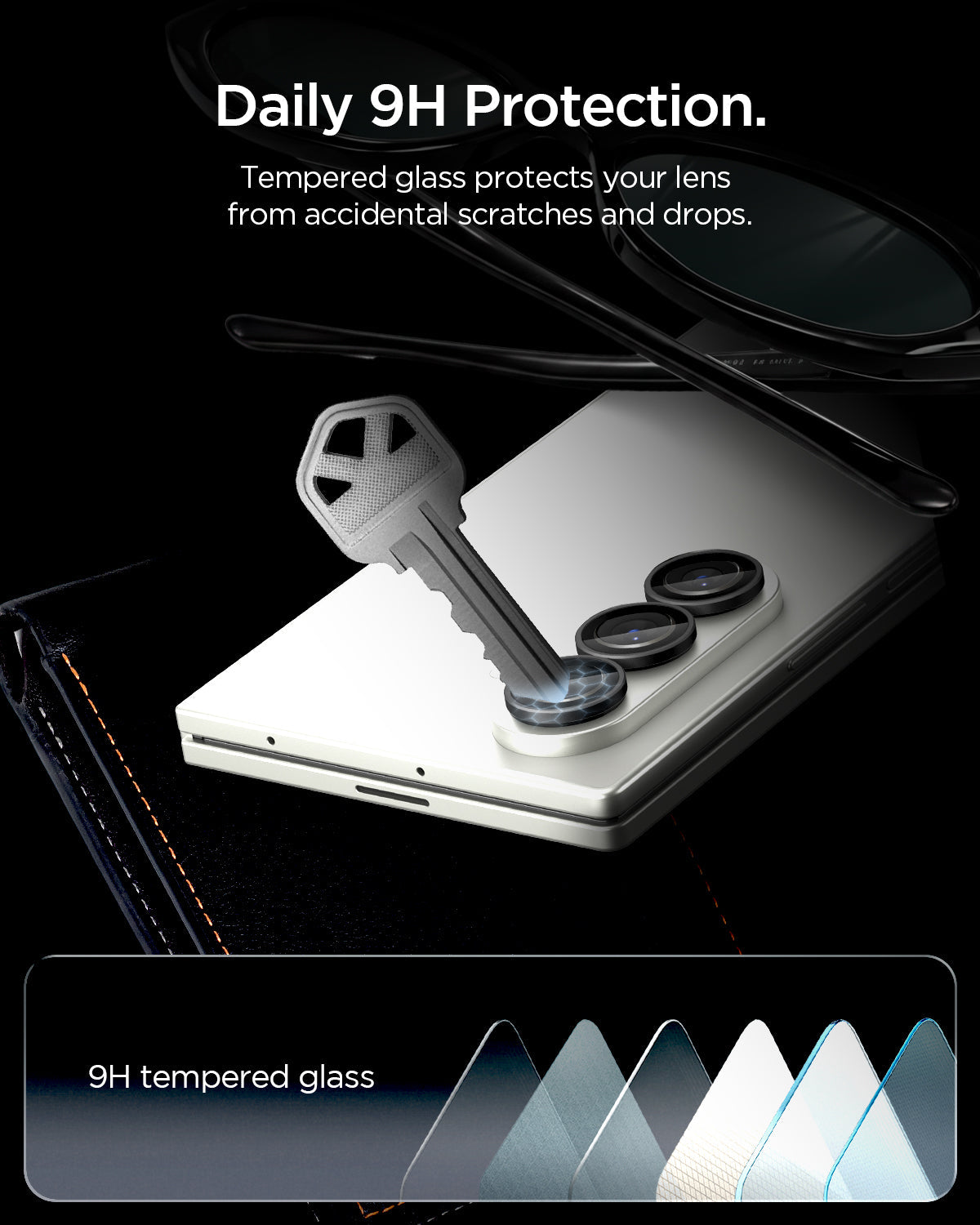 AGL09578 - Galaxy Z Fold 8 Ultra Optik Pro EZ Fit showing a key being dragged across the tempered glass to demonstrate scratch resistance