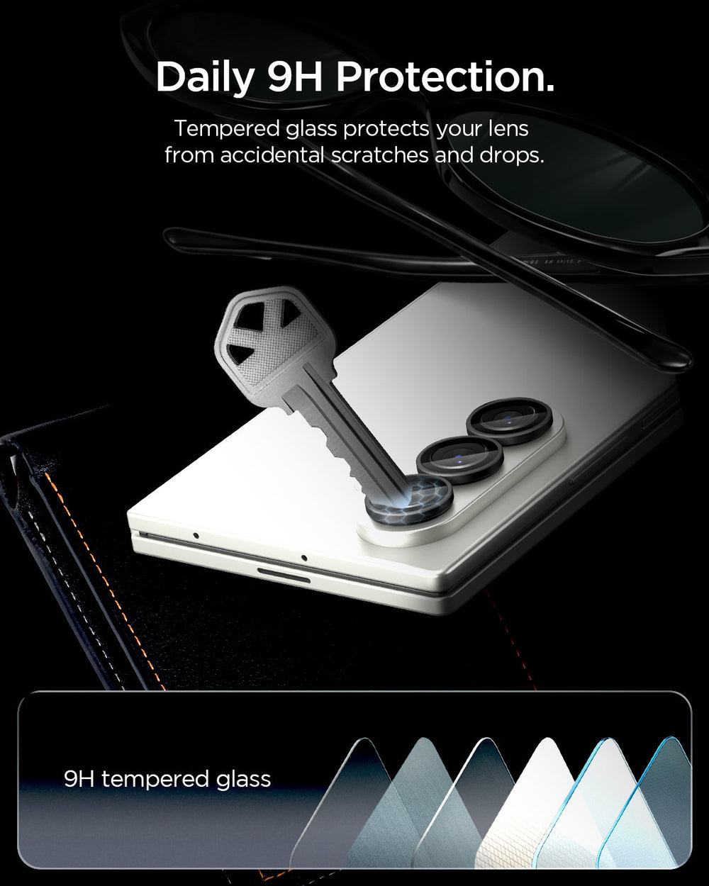 AGL09578 - Galaxy Z Fold 8 Ultra Optik Pro EZ Fit showing a key being dragged across the tempered glass to demonstrate scratch resistance
