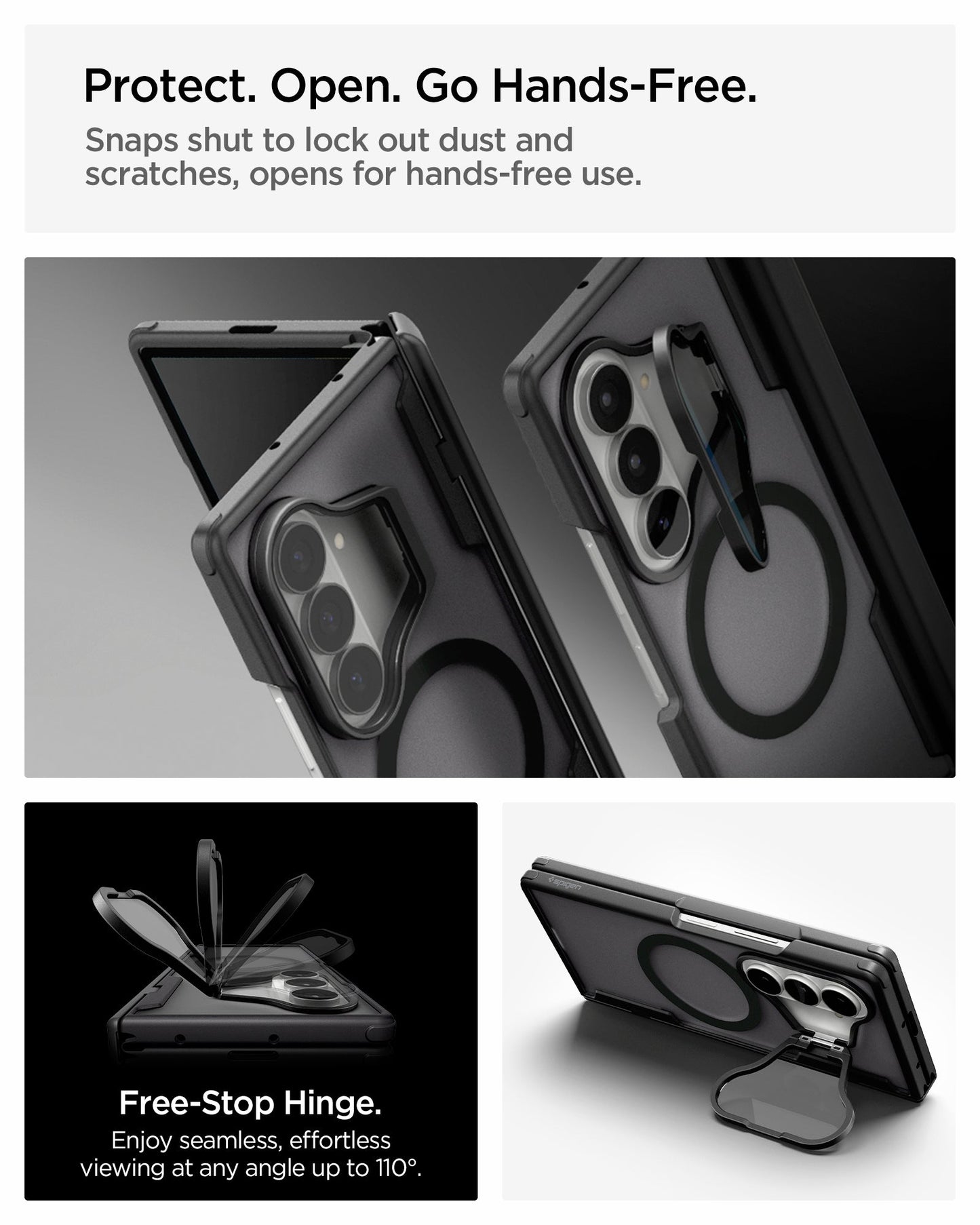 ACS11500 - Galaxy Z Fold 8 Series Optik Armor Pro (Mag Fit) showing Galaxy Z Fold 8 case hands-free hinge feature with camera close-ups, open hinge, and kickstand angle