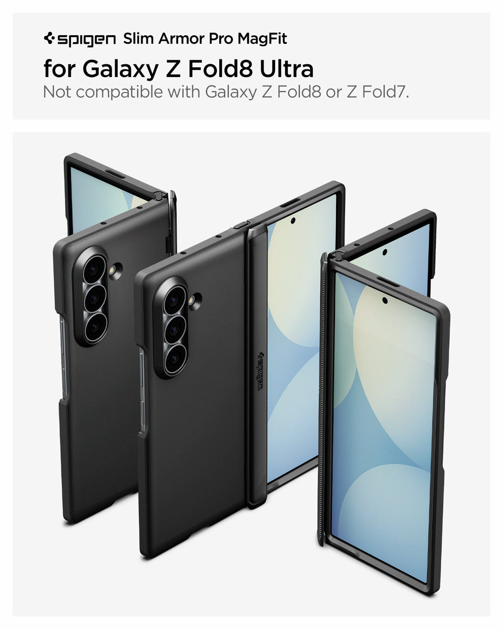 ACS11503 - Galaxy Z Fold 8 Ultra Slim Armor Pro (Mag Fit) Black showing the Slim Armor Pro MagFit product title graphic for Galaxy Z Fold 8 Ultra, alongside multiple angled views of the black case in folded, unfolded, and back positions