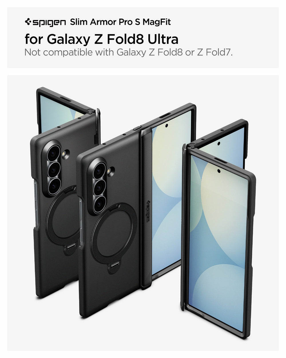 ACS11778 - Galaxy Z Fold 8 Ultra Slim Armor Pro S (Mag Fit) Black showing the Slim Armor Pro S MagFit product title graphic for Galaxy Z Fold 8 Ultra, alongside multiple angled views of the case with the ring stand in folded, unfolded, and back positions