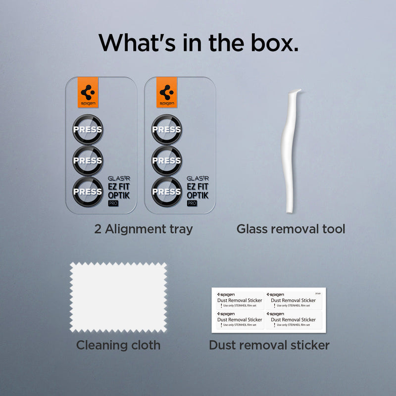 AGL09578 - Galaxy Z Fold 7 Optik Pro EZ Fit showing what's in the box. 2 alignment trays, cleaning cloth, dust removal sticker and glass removal tool