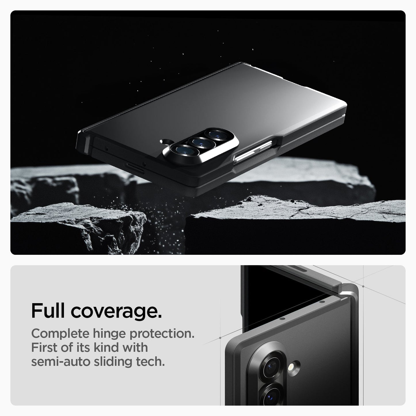 ACS09549 - Galaxy Z Fold 7 Tough Armor Pro (MagFit) in black showing the full coverage. Complete hinge protection. First of its kind with semi-auto sliding tech