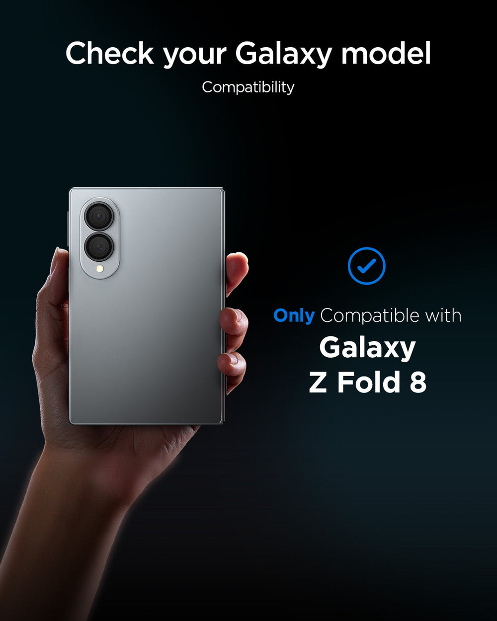 AGL11761 - Galaxy Z Fold 8 Optik Pro EZ Fit showing a compatibility chart confirming the lens protector fits only the Galaxy Z Fold 8