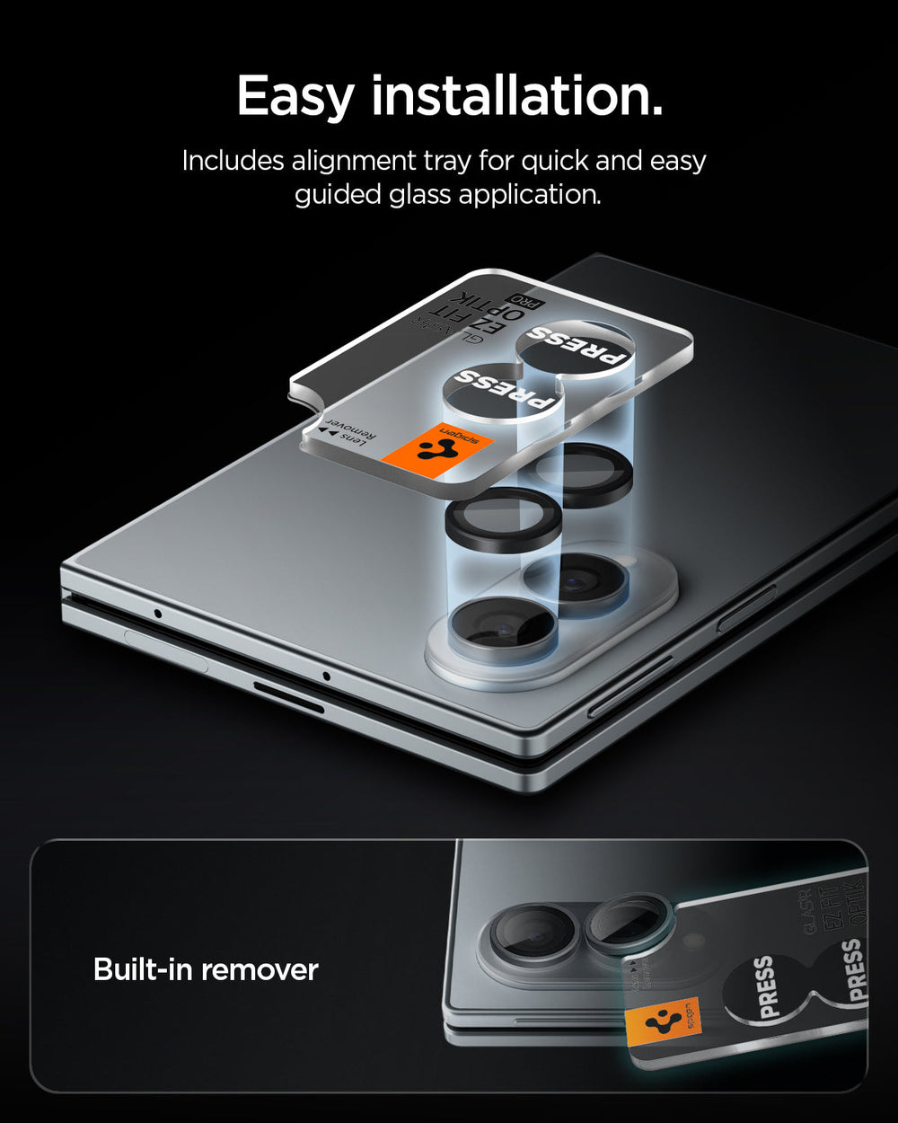 AGL11761 - Galaxy Z Fold 8 Optik Pro EZ Fit showing an exploded diagram of the lens caps aligning onto the Galaxy Z Fold 8's dual camera with a built-in remover