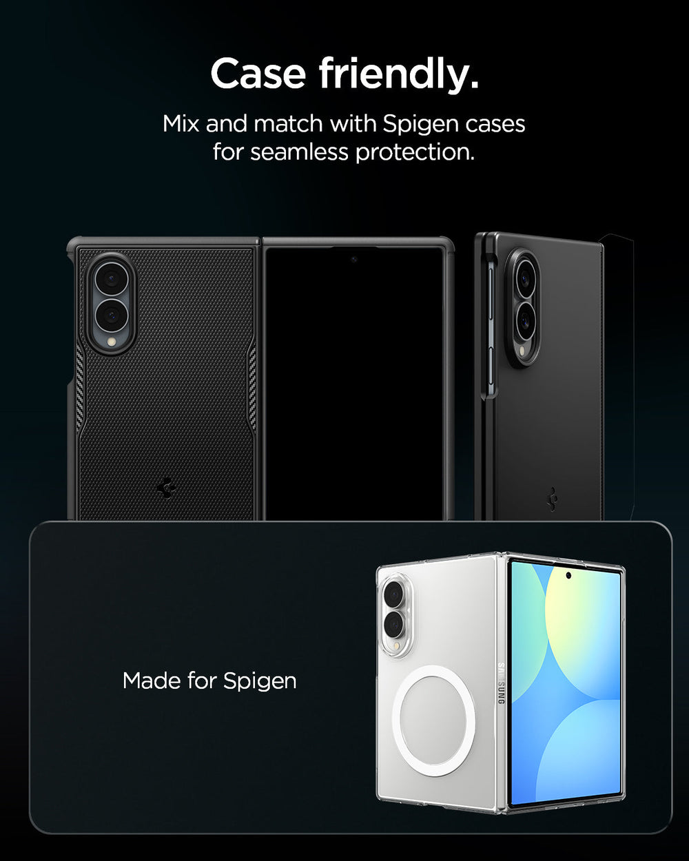 AGL11761 - Galaxy Z Fold 8 Optik Pro EZ Fit showing three Spigen cases paired with the lens protector for seamless case compatibility