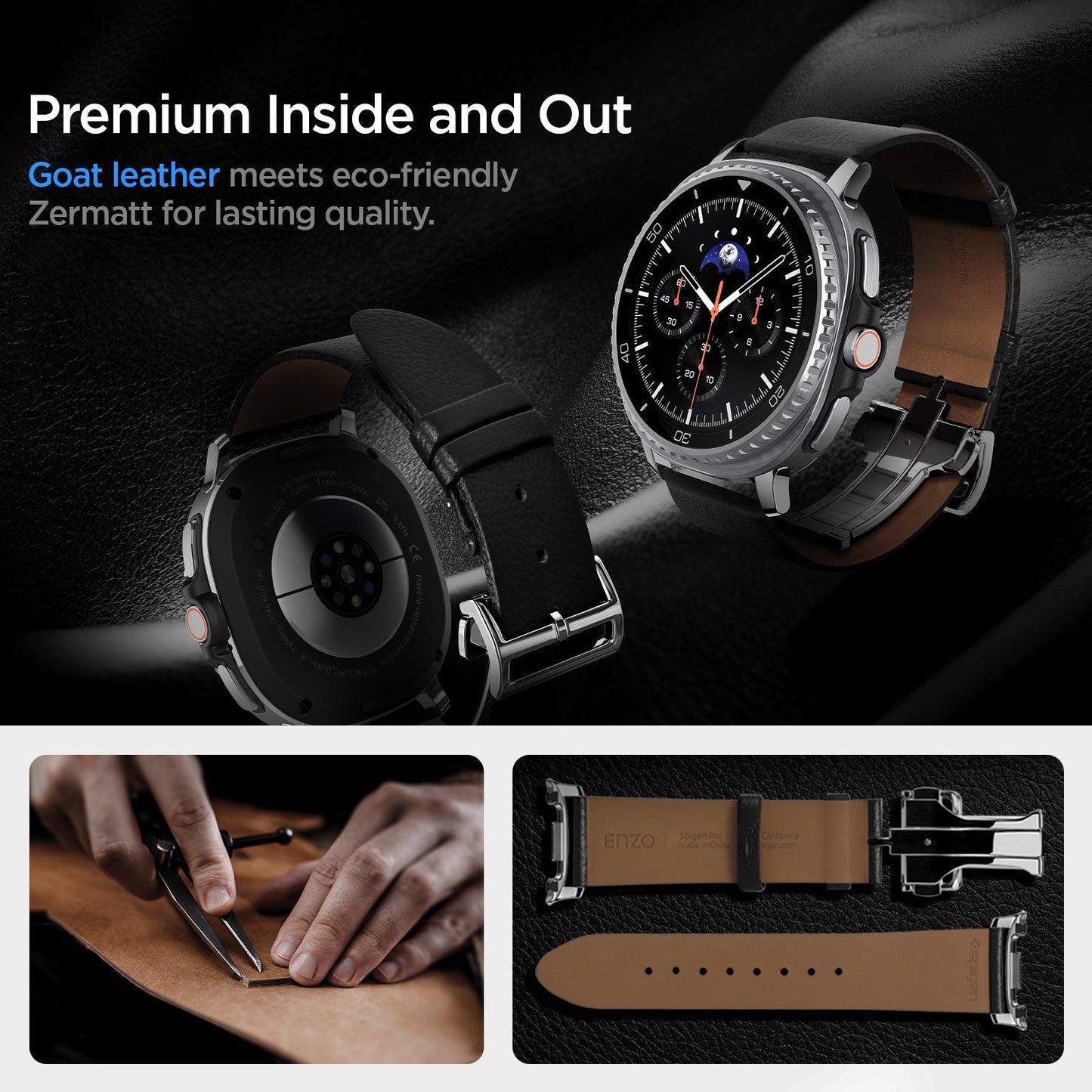 AMP10119 - Galaxy Watch 9 Series Enzo showing premium inside and out. Goat leather meets eco friendly zermatt for lasting quality