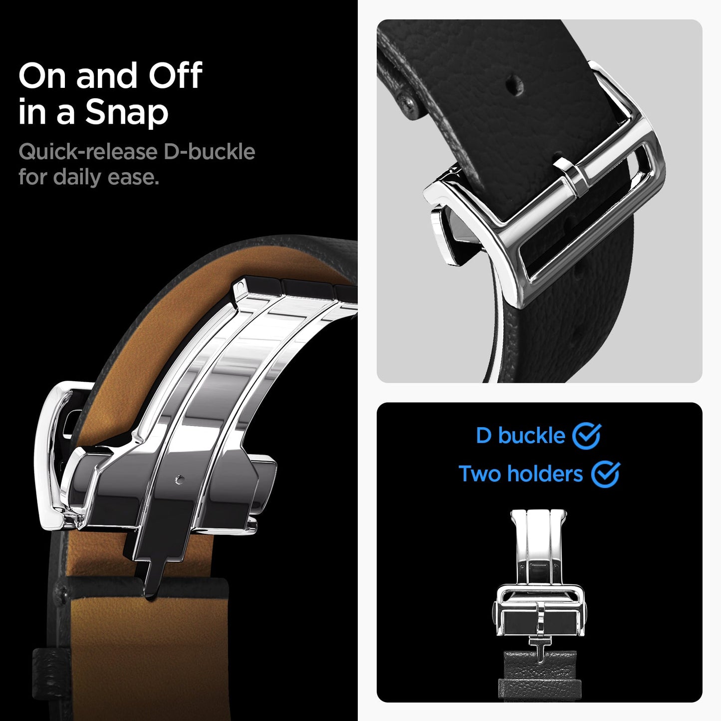 AMP10119 - Galaxy Watch 9 Series Enzo showing on and off in a snap. quick release d buckle for daily ease