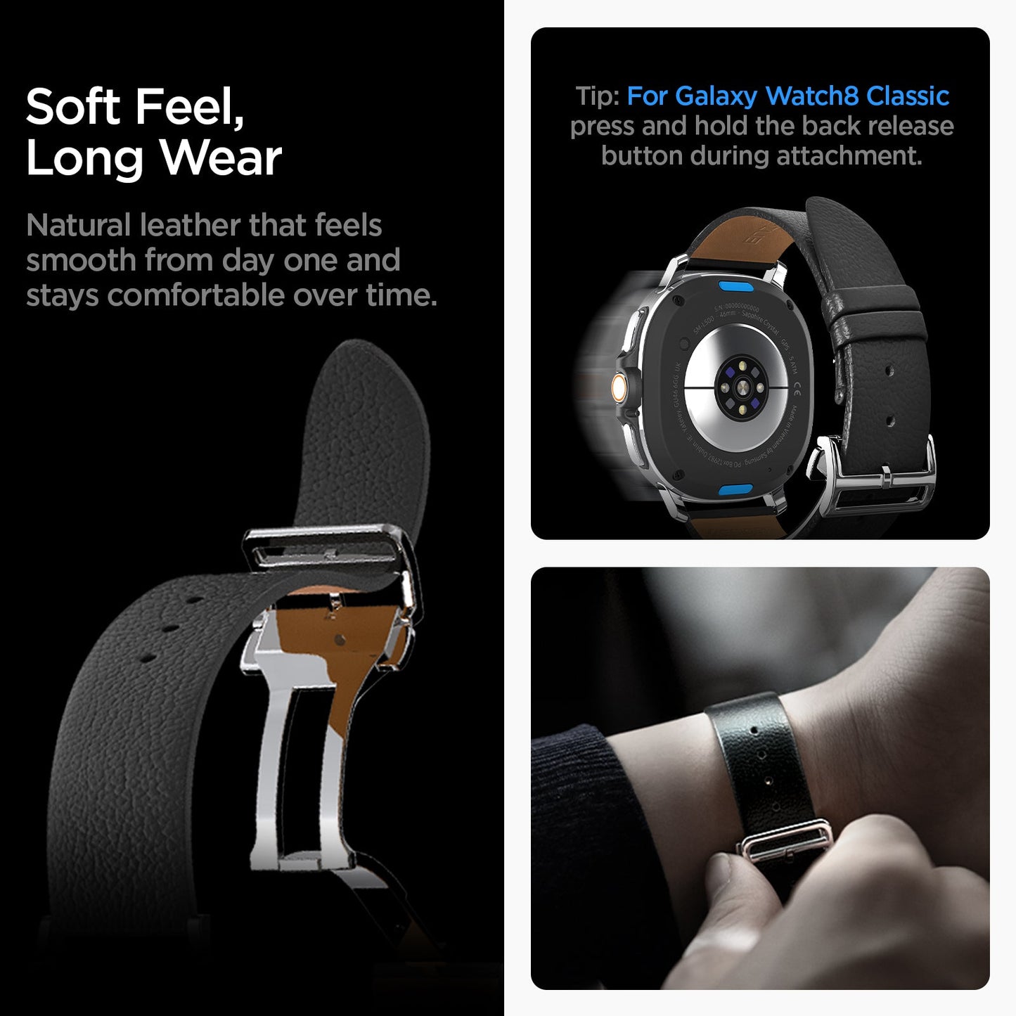 AMP10119 - Galaxy Watch 9 Series Enzo showing soft feel long wear. natural leather that feels smooth from day one and stays comfortable over time