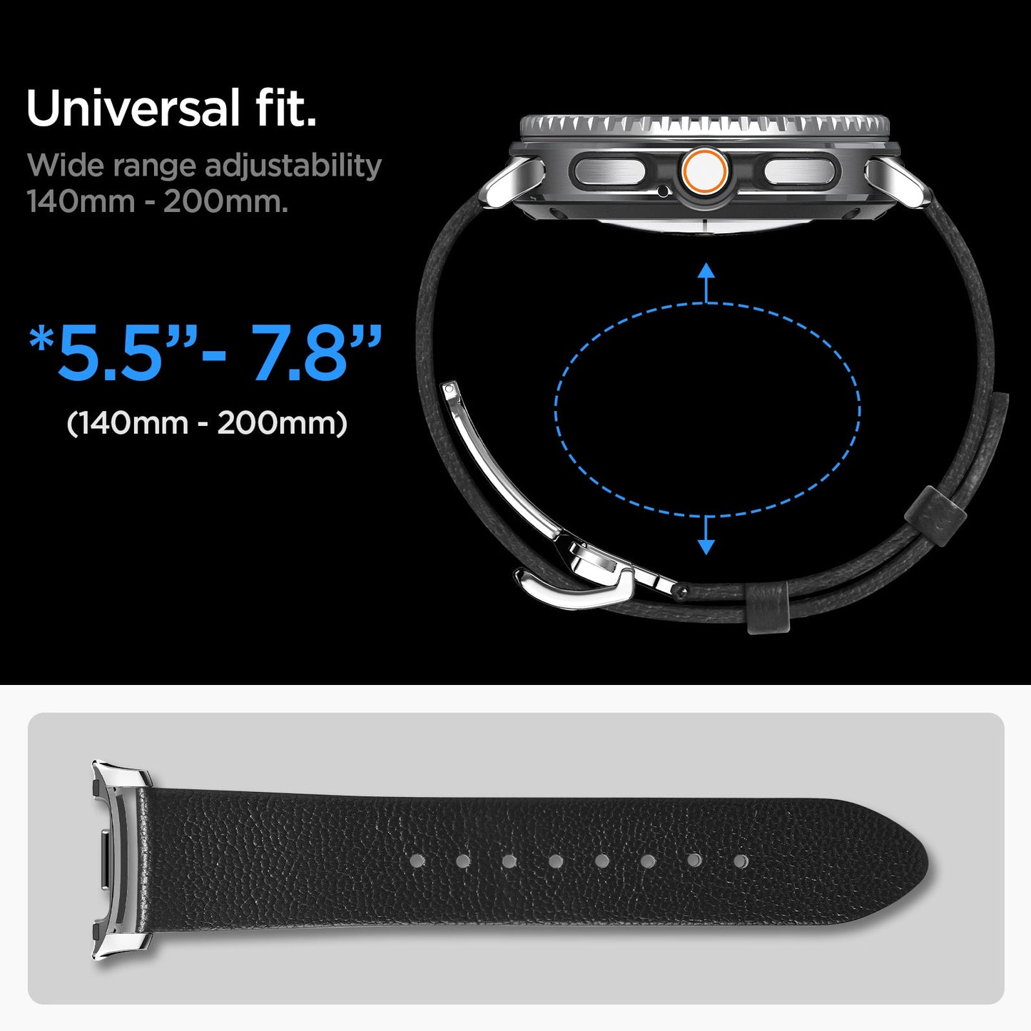 AMP10119 - Galaxy Watch 9 Series Enzo showing universal fit. wide range adjustability 140mm-200mm