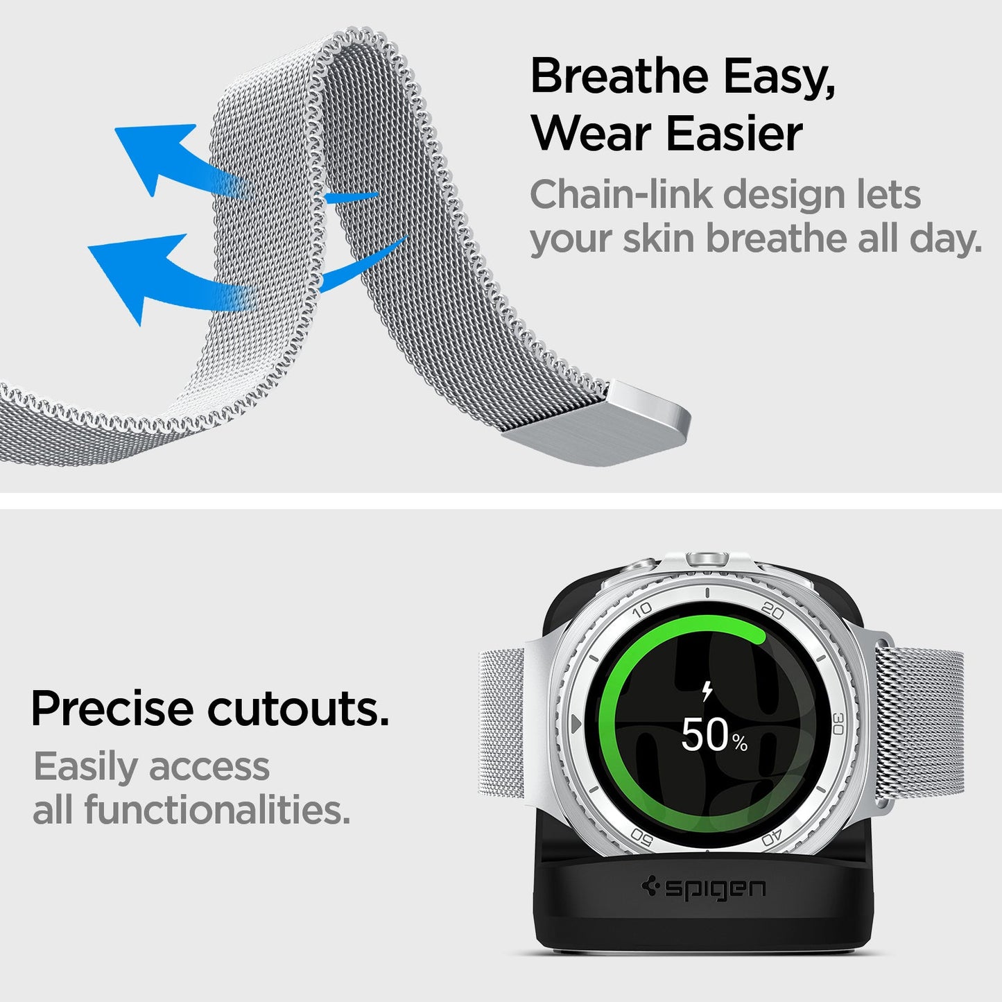 AMP10121 - Galaxy Watch 9 Series Metal Fit showing the breath easy, wear easier, chain-link design lets your skin breathe all day. Precise cutouts. Easily access all functionalities