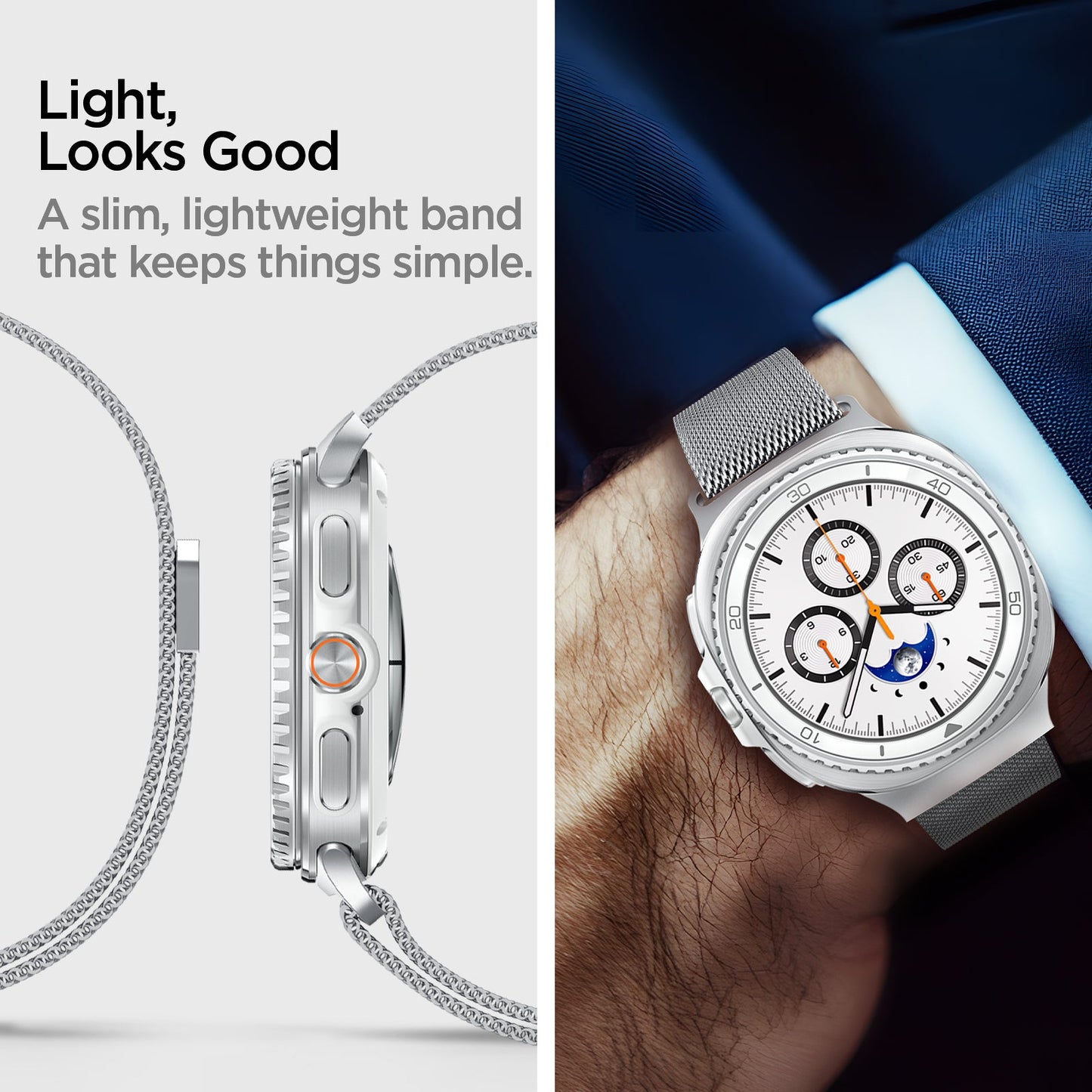 AMP10121 - Galaxy Watch 9 Series Metal Fit showing the light, looks good. A slim, lightweight band that keeps things simple