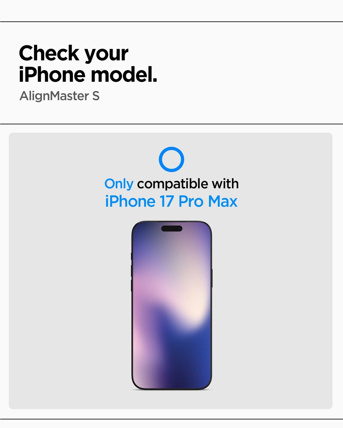 AGL11322- iPhone 17 Pro Max - Glas.tR AlignMaster S showing check your iPhone model. Alignmaster S