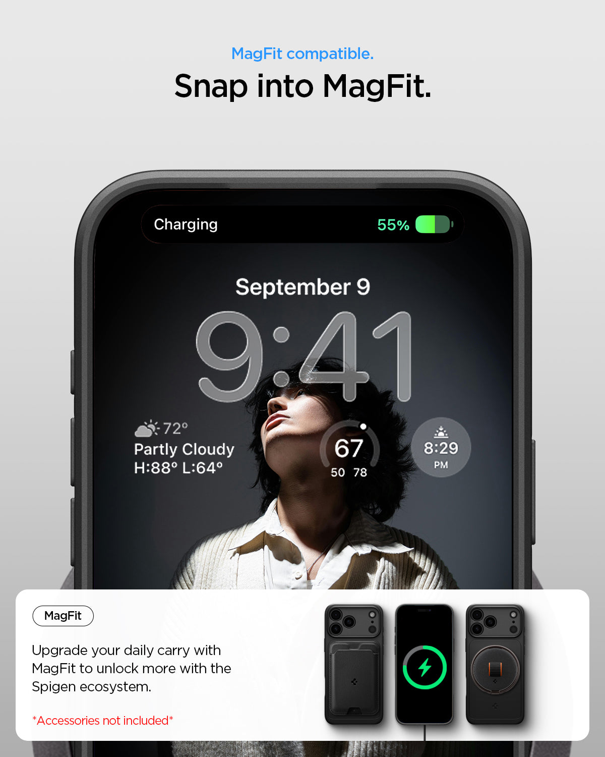 ACS09879 - iPhone 17 Pro Max Thin Fit (MagFit) in black showing magfit compatible. snap into magfit. upgrade your daily carry with magfit to unlock more with the spigen ecosystem