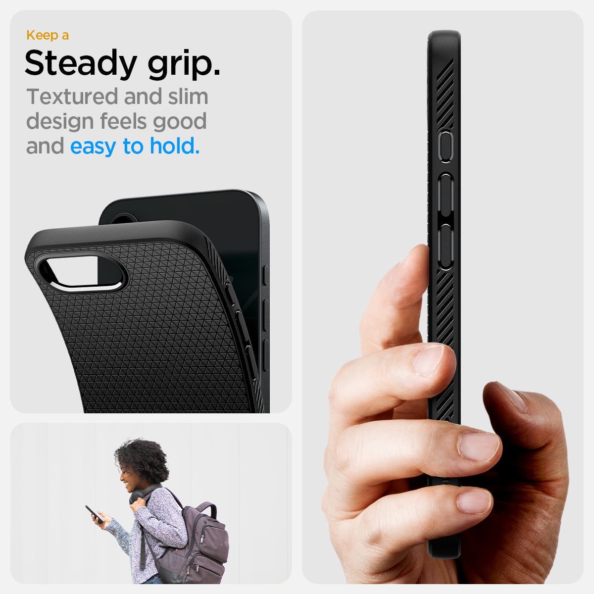 ACS09161 - iPhone 17e Case Liquid Air in Matte Black showing the steady grip feature. Textured and slim design feels good and easy to hold