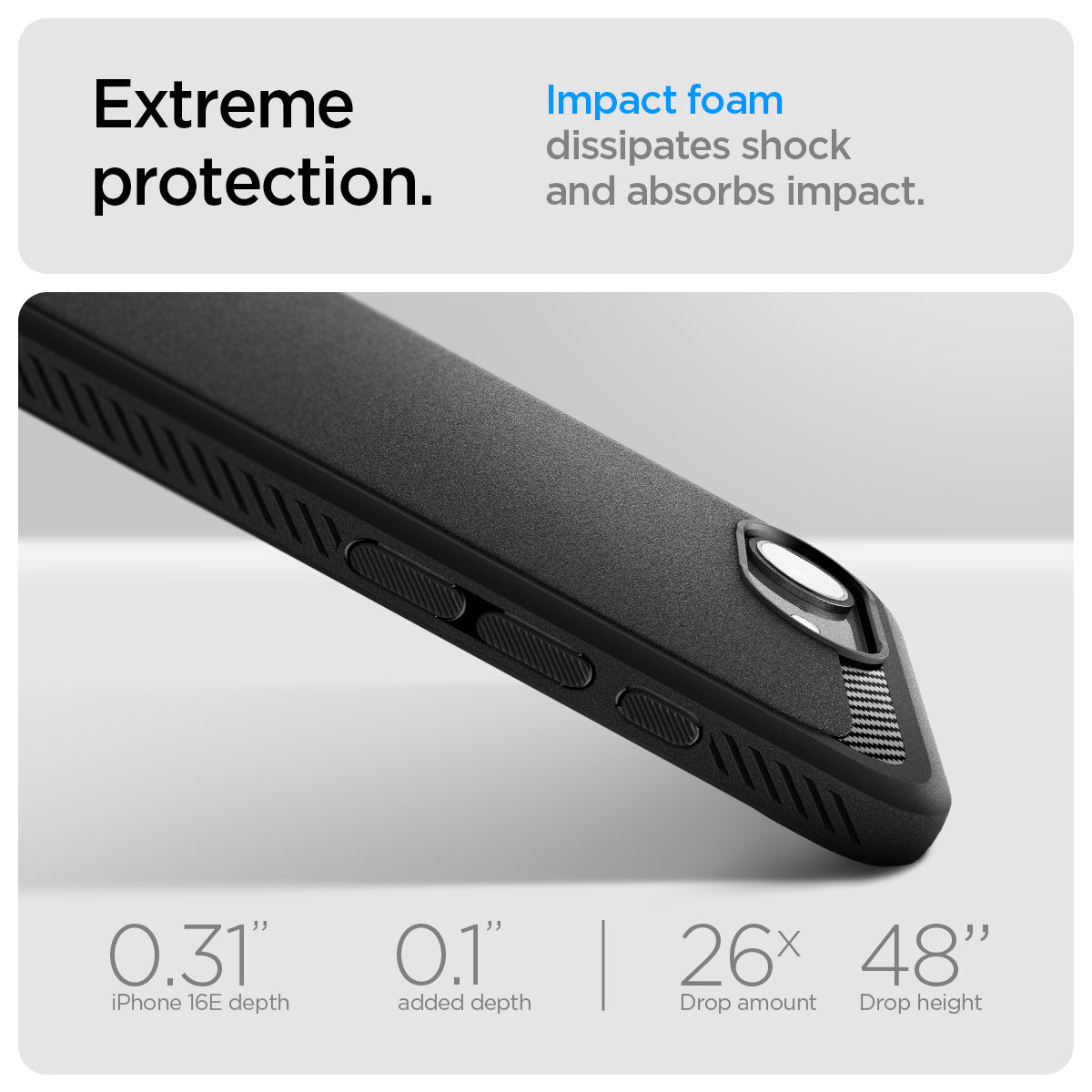 ACS09152 - iPhone 17e Case Rugged Armor (MagFit) in Matte Black showing the extreme protection. Impact foam dissipates shock and absorbs impact. 0.31" iPhone 16E depth, 01" added depth | 26x drop amount, 48" drop height
