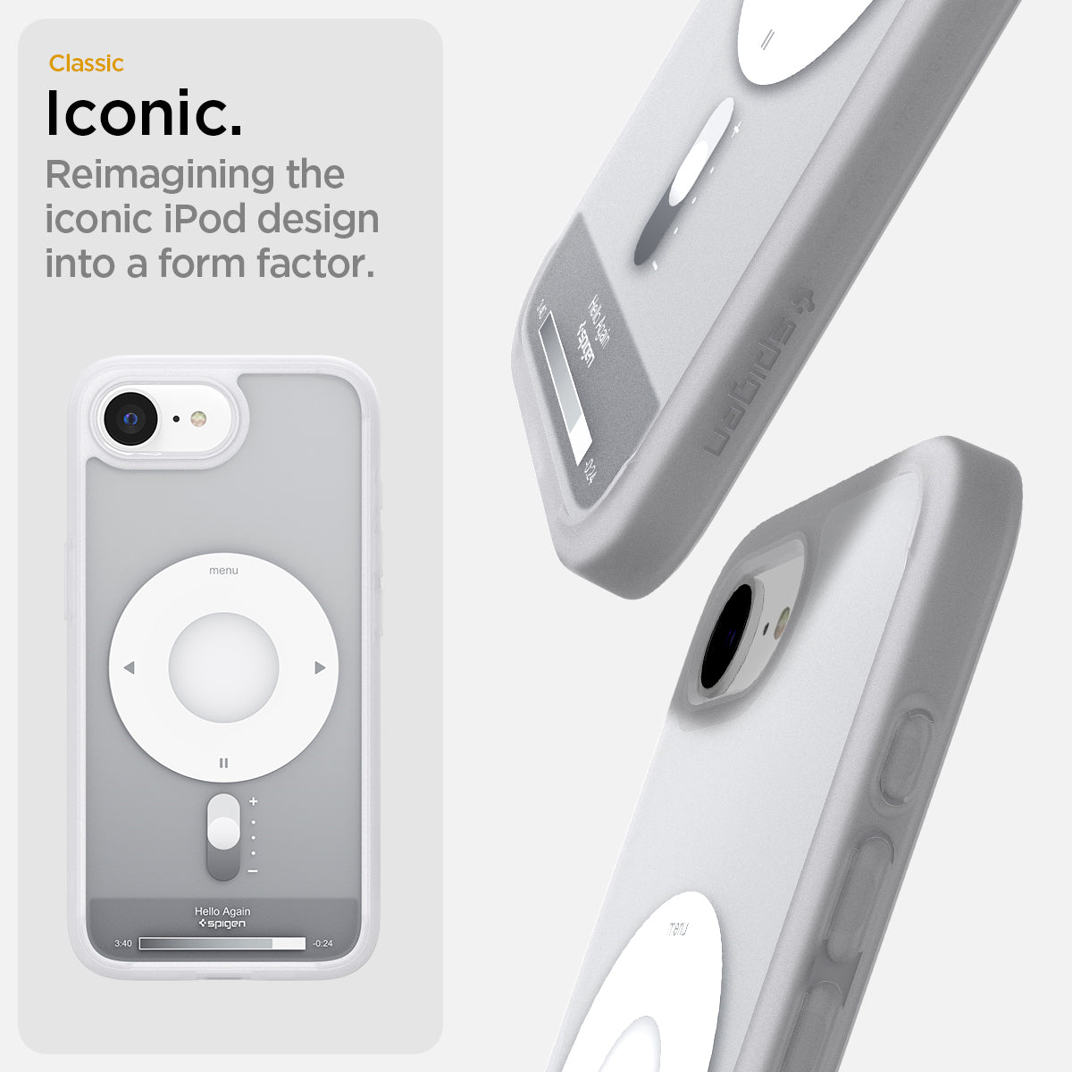 ACS09147 - iPhone 17e Case Ultra Hybrid Classic (MagFit) in Classic Silver showing the classic Iconic. Remaining the iconic iPod design into a form factor