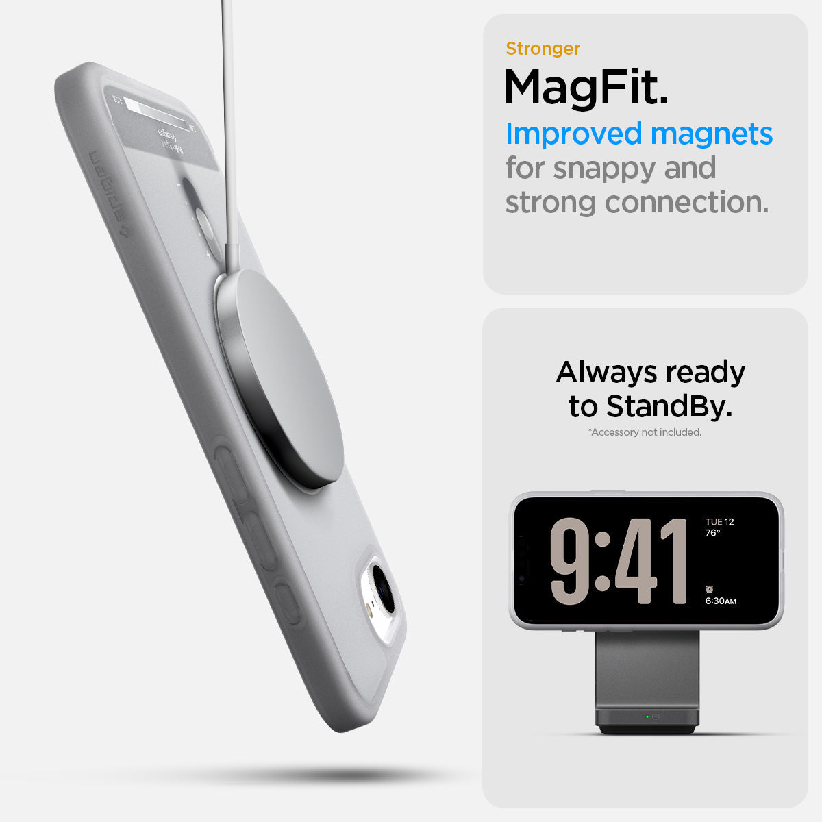 ACS09147 - iPhone 17e Case Ultra Hybrid Classic (MagFit) in Classic Silver showing the stronger MagFit. Improved magnets for snappy and strong connection. Always ready to StandBy