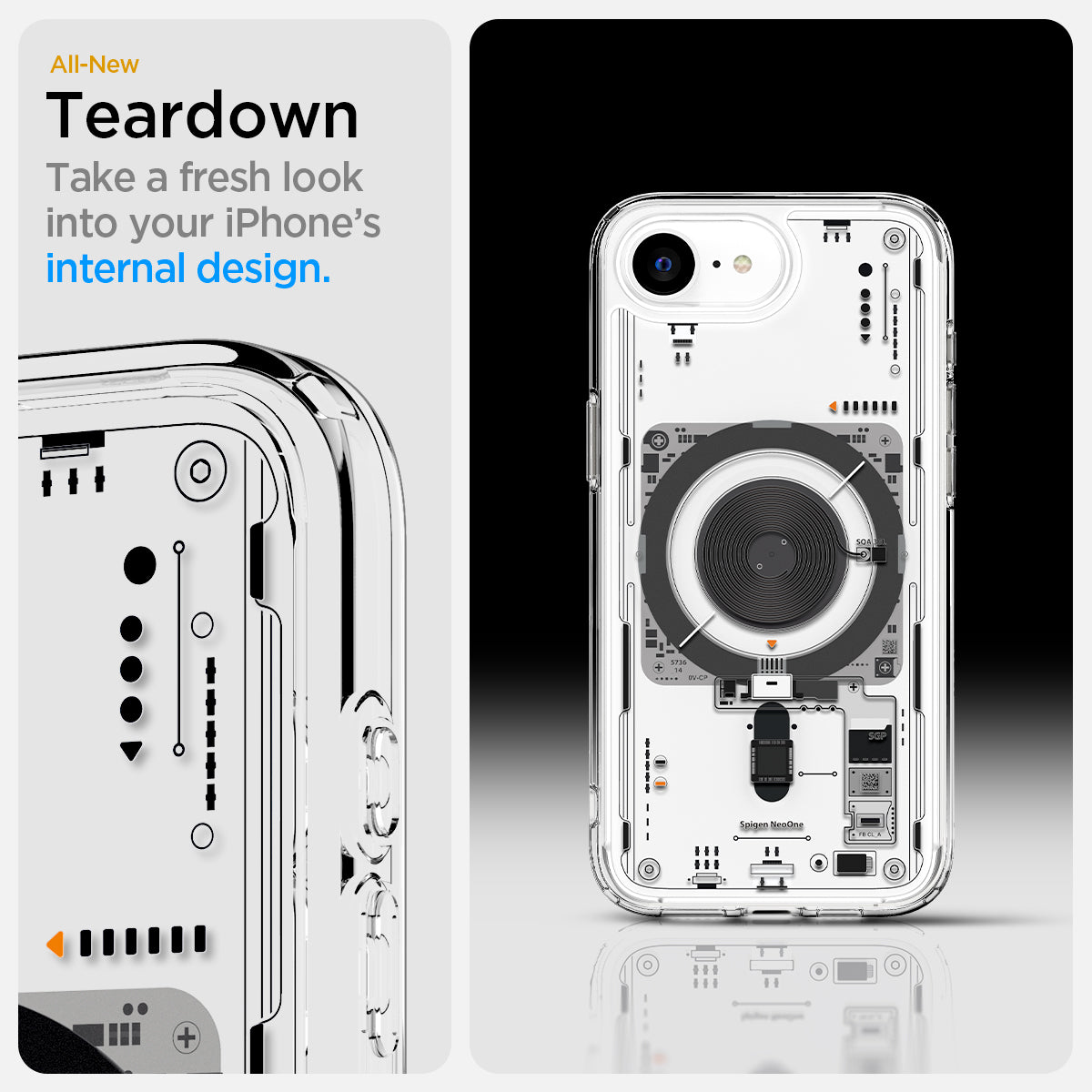 ACS09143 - iPhone 17e Case Ultra Hybrid Neo One (MagFit) in Neo One showing the all new teardown. Take a fresh look into your iPhone's internal design