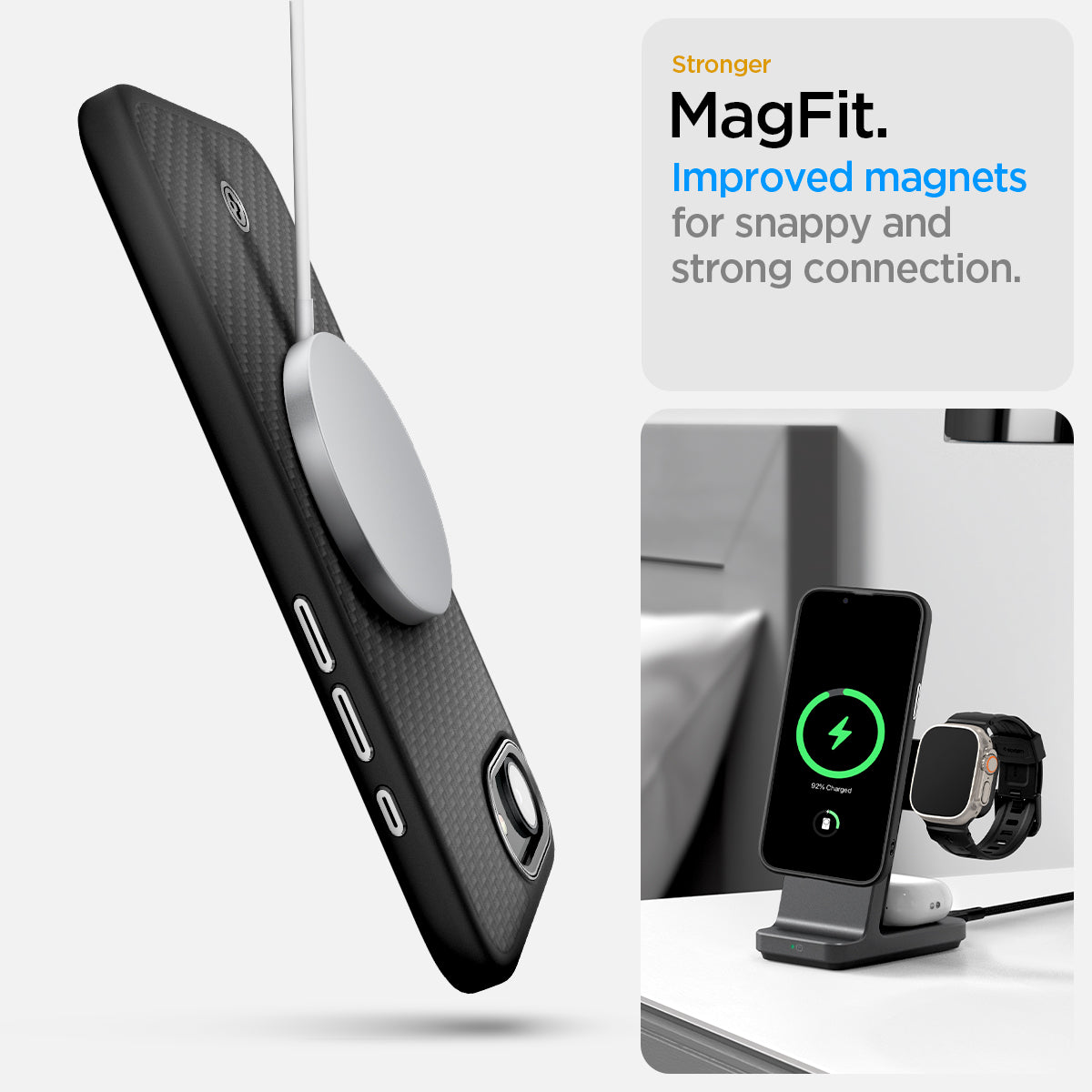 ACS09153 - iPhone 17e Case Enzo Aramid in Matte Black showing the Stronger MagFit. Improved magnets for snappy and strong connection
