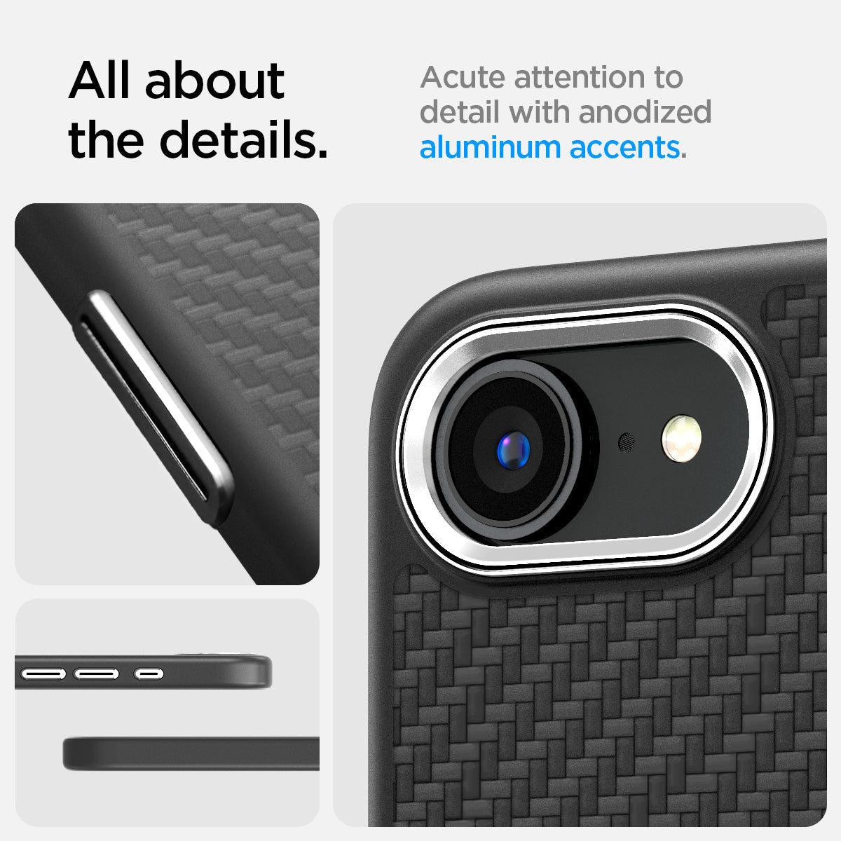 ACS09153 - iPhone 17e Case Enzo Aramid in Matte Black showing all about the details. Acute attention t detail with anodized aluminum accents