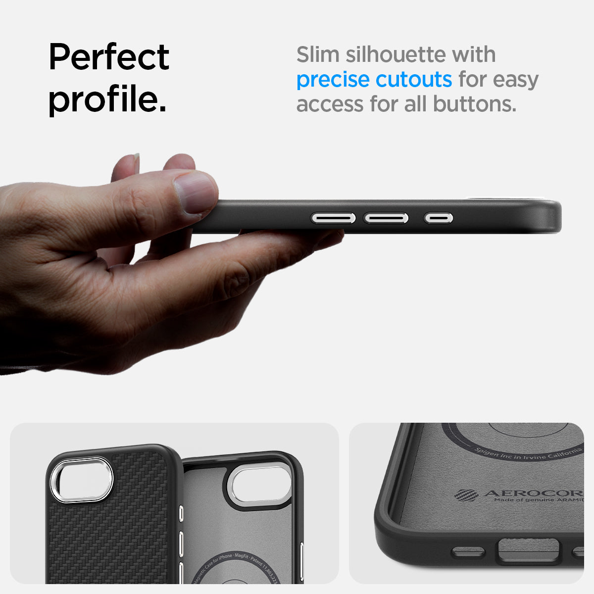 ACS09153 - iPhone 17e Case Enzo Aramid in Matte Black showing the perfect profile. Slim silhouette with precise cutouts for easy access for all buttons