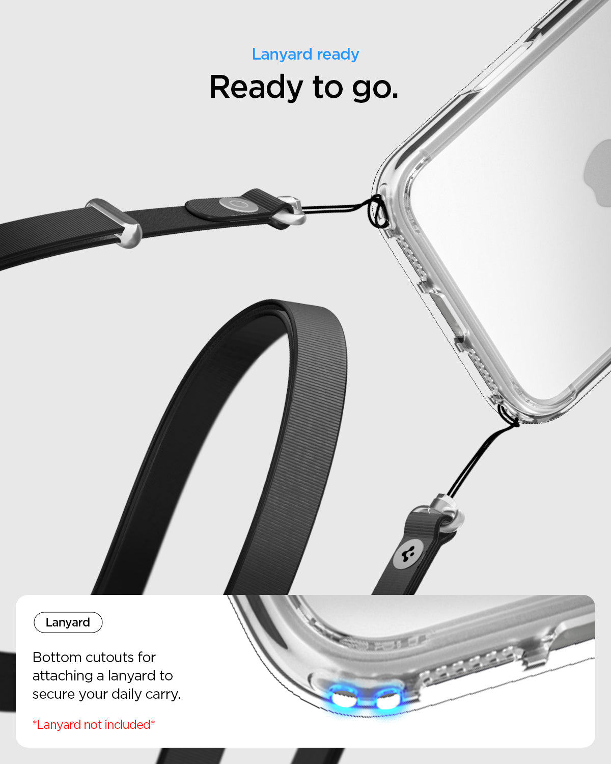 ACS10033 - iPhone 17 Pro Max Ultra Hybrid in Crystal Clear showing lanyard ready. ready to go. bottom cutouts for attaching a lanyard to secure your daily carry