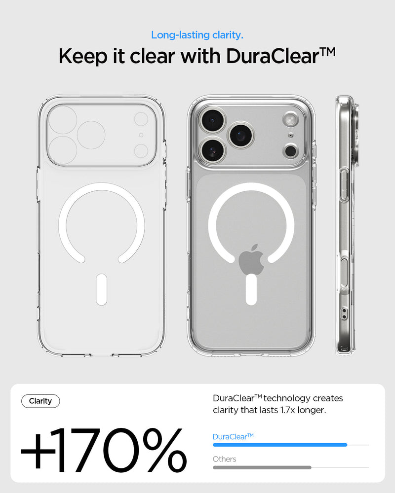 ACS09599- iPhone 17 Pro Max Ultra Hybrid (MagFit) in Clear White showing long lasting clarity. keep it clear with duraclear.