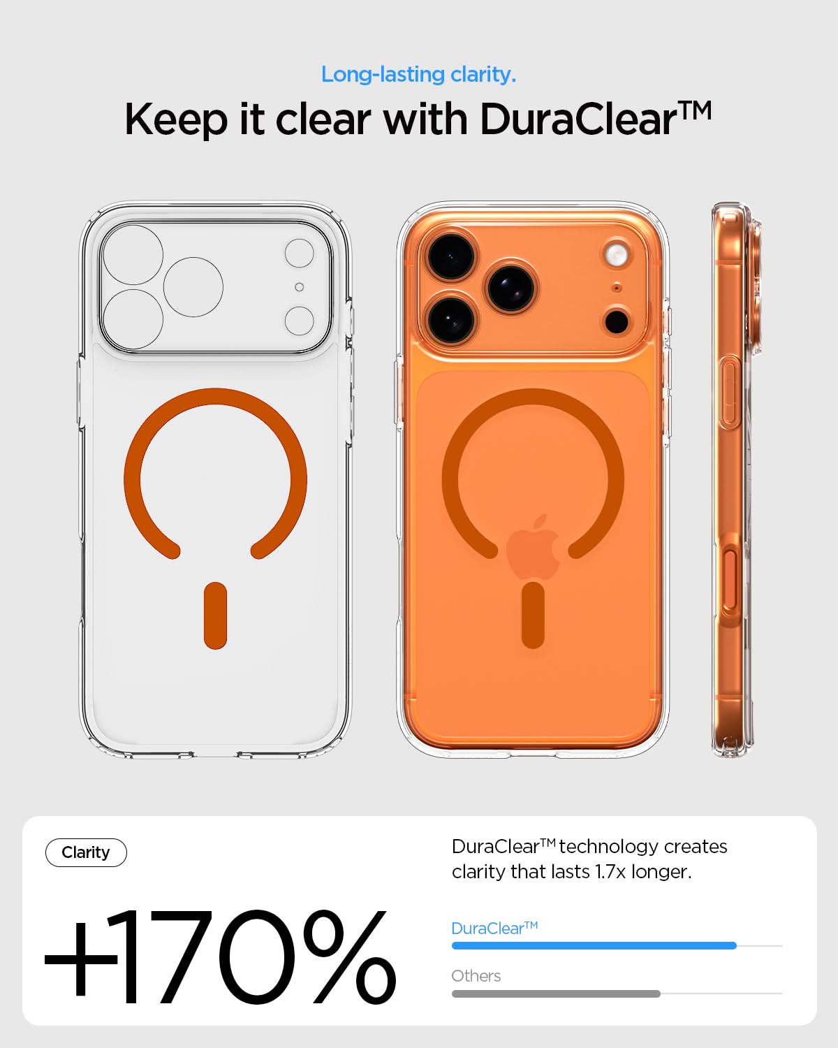 ACS11107 - iPhone 17 Pro Max Ultra Hybrid (MagFit) in Clear Orange showing long lasting clarity. keep it clear with duraclear.
